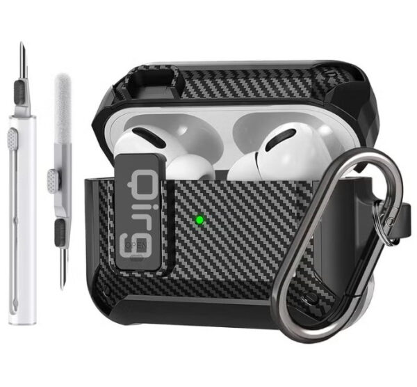 Carbon grain surface Cover Case Compatible With Airpods Pro 2 Lock Clip with cleaning tools,Protective anti-fall Skin--Black