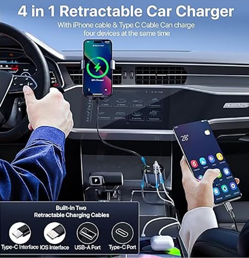 Retractable Car Charger 120W, 4 in 1 Fast Charge Car Phone Charger, Retractable Cable (31.5 inch) and 2 USB Ports Car Charger Adapter Compatible with iPhone 16/15/14/13/12 Pro Max XR,iPad,Pixel