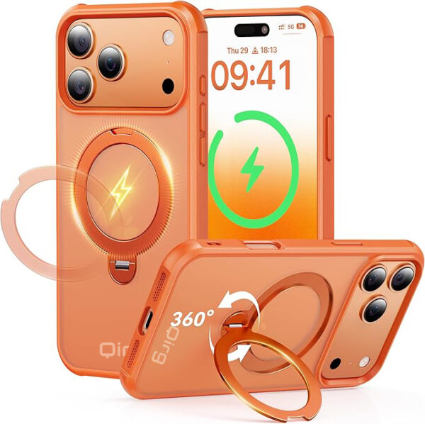 360 Spin Magnetic Stand Case for iPhone 17 Pro Max (Compatible with MagSafe) [Military Drop Protection] Matte Translucent Shockproof Protective Phone Case 6.9'', Orange
