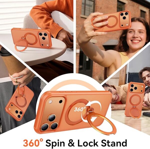 360 Spin Magnetic Stand Case for iPhone 17 Pro Max (Compatible with MagSafe) [Military Drop Protection] Matte Translucent Shockproof Protective Phone Case 6.9'', Orange